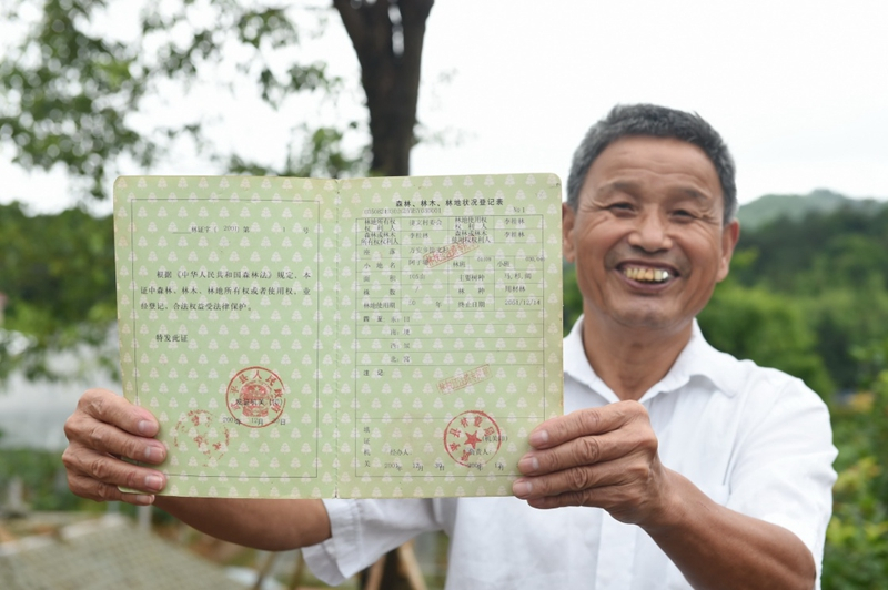 2017年6月13日，福建武平縣萬安鎮(zhèn)捷文村村民李桂林展示林權改革后領到的全國第一本新式林權證。