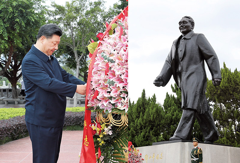 2020年10月14日，習(xí)近平總書記向深圳蓮花山公園鄧小平同志銅像敬獻(xiàn)花籃。
