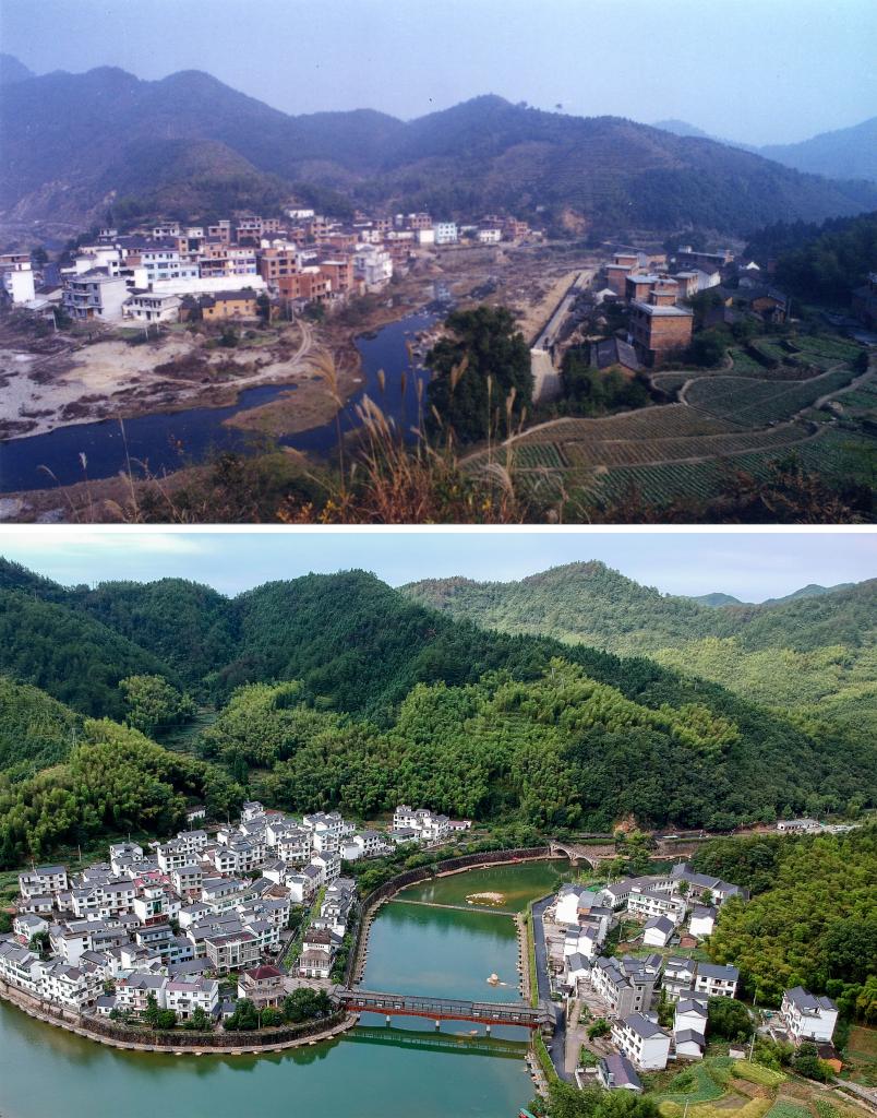 圖為浙江省杭州市淳安縣楓樹嶺鎮(zhèn)下姜村拼版圖，其中上圖為資料照片、下圖由新華社記者張鋮攝。